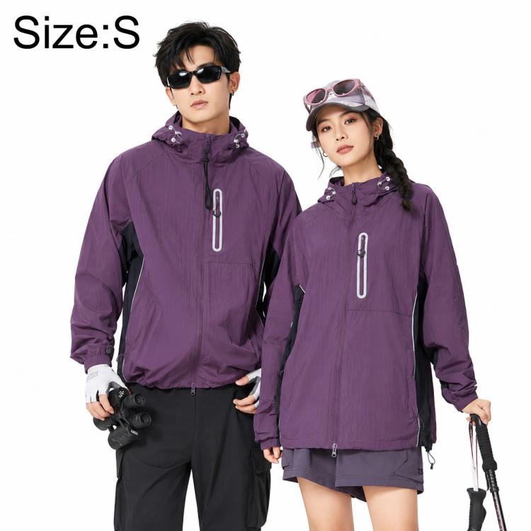 Lightweight sun protection coat in purple with adjustable hood and front zipper.