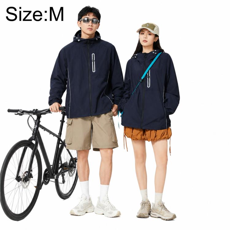 Sun protection coat in dark blue with hood, front zipper, and adjustable drawstrings.