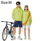 Sun protection coat in lime green with hood, front zipper, and adjustable drawstrings.