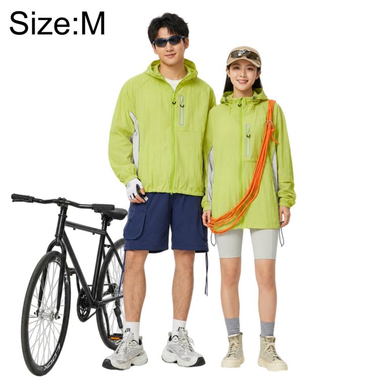 Sun protection coat in lime green with hood, front zipper, and adjustable drawstrings.