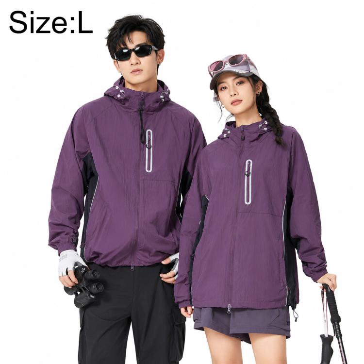 Purple hooded sun protection coat with adjustable neck and front zipper