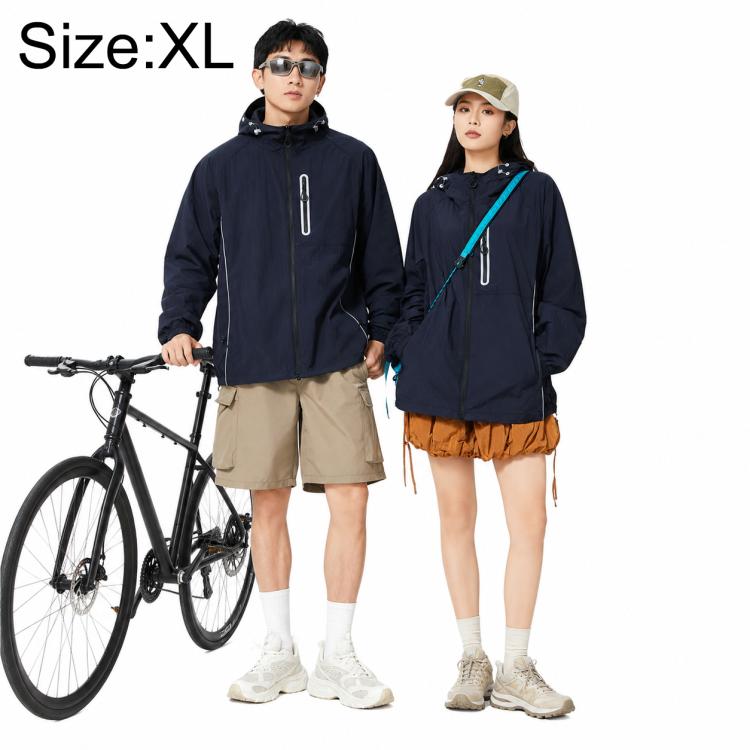 Navy hooded lightweight sun protection coat with front zipper and drawcord