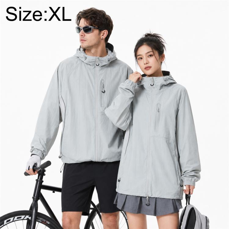 Light grey hooded windproof-style coat with front zipper and drawstring hood