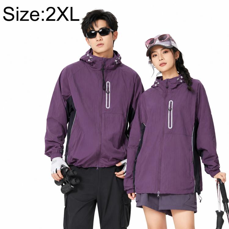 Purple hooded sun protection coat with vertical zipper detail and drawstring hem