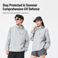 Light gray hooded sun protection jacket with zip front and drawcord hem