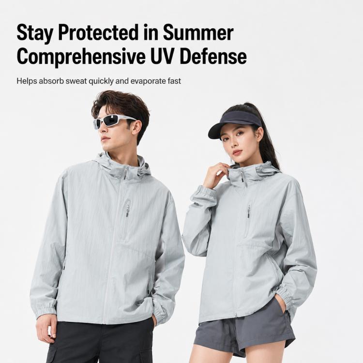Light gray hooded sun protection jacket with zip front and drawcord hem