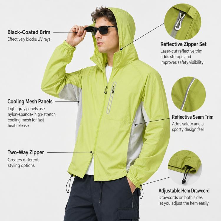Lime green hooded sun protection coat with brim hood, zip front, and adjustable hem