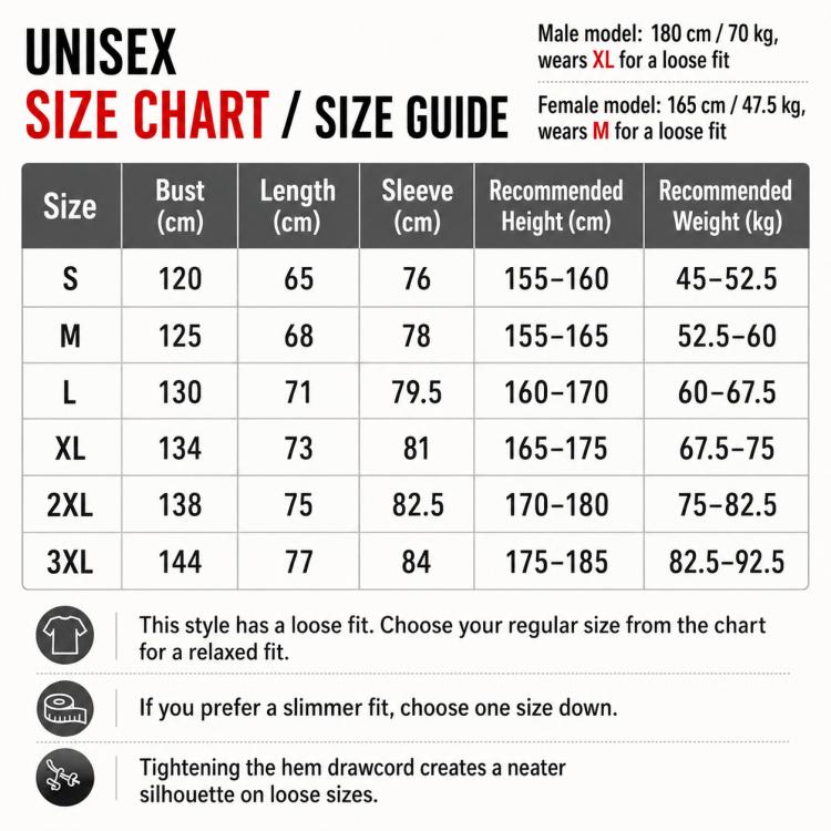 Unisex size chart graphic with coat measurements by size S to 3XL