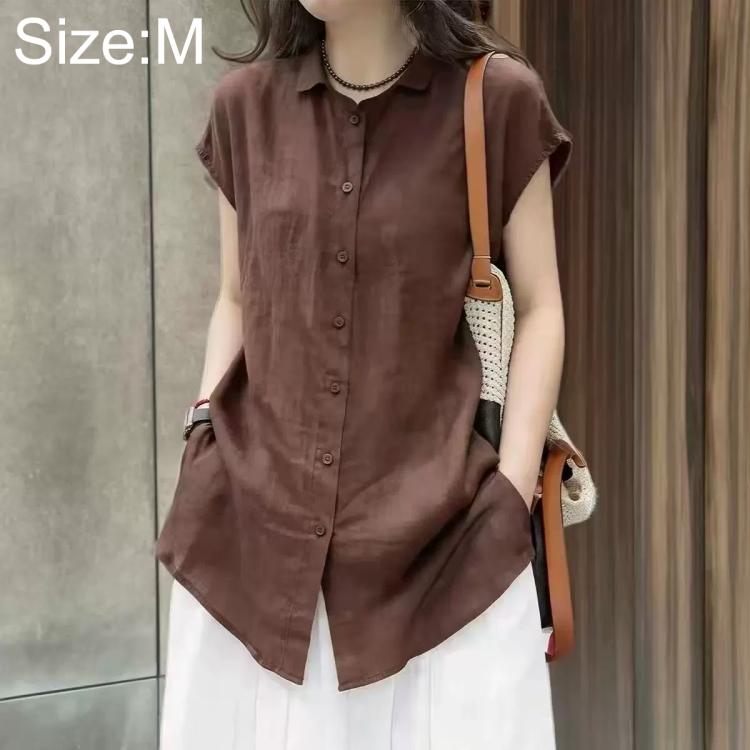 Women’s short-sleeve button-up shirt, dark brown, size M