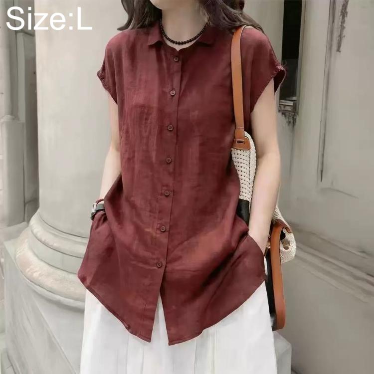 Women’s short-sleeve button-up shirt, maroon, size L