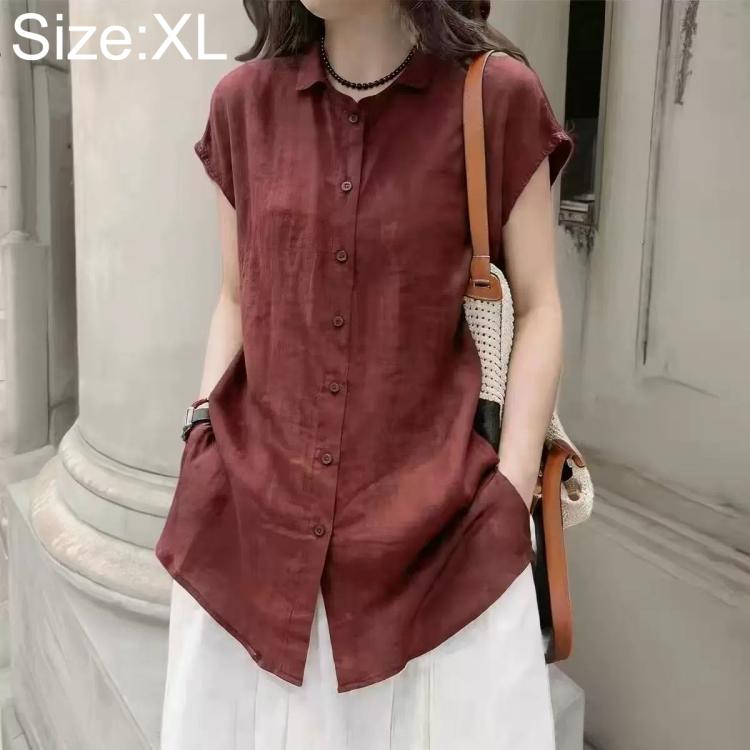 Women’s short-sleeve button-up shirt, maroon, size XL