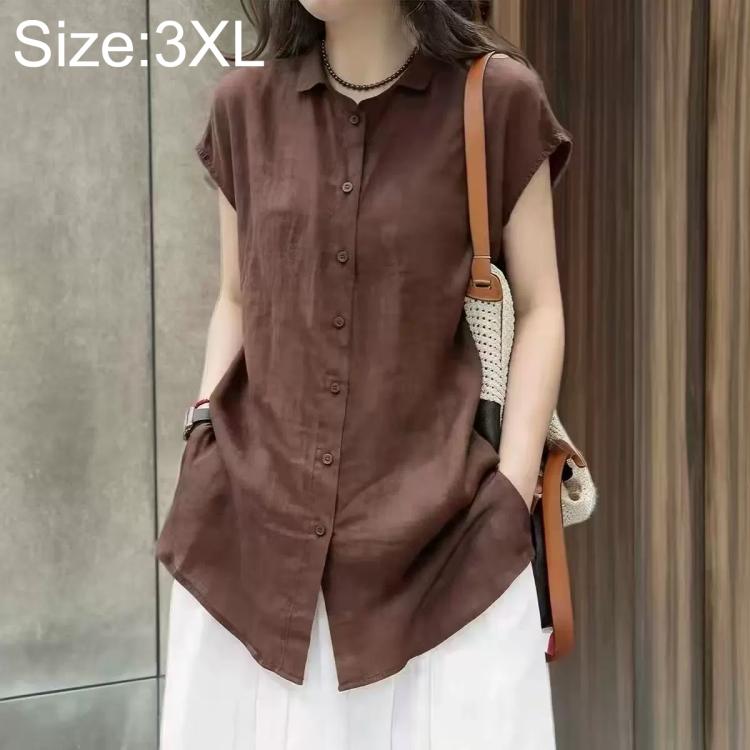 Women’s short-sleeve button-up shirt, dark brown, size 3XL