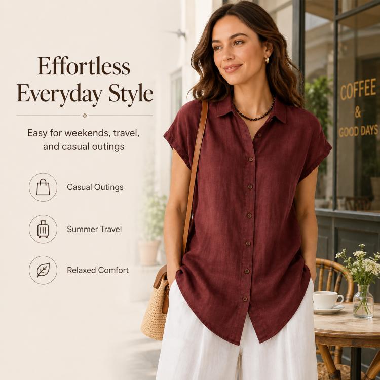 Women’s short-sleeve button-up shirt with pointed collar, burgundy color.