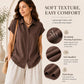 Women’s short-sleeve button-up shirt with pointed collar, dark brown color.