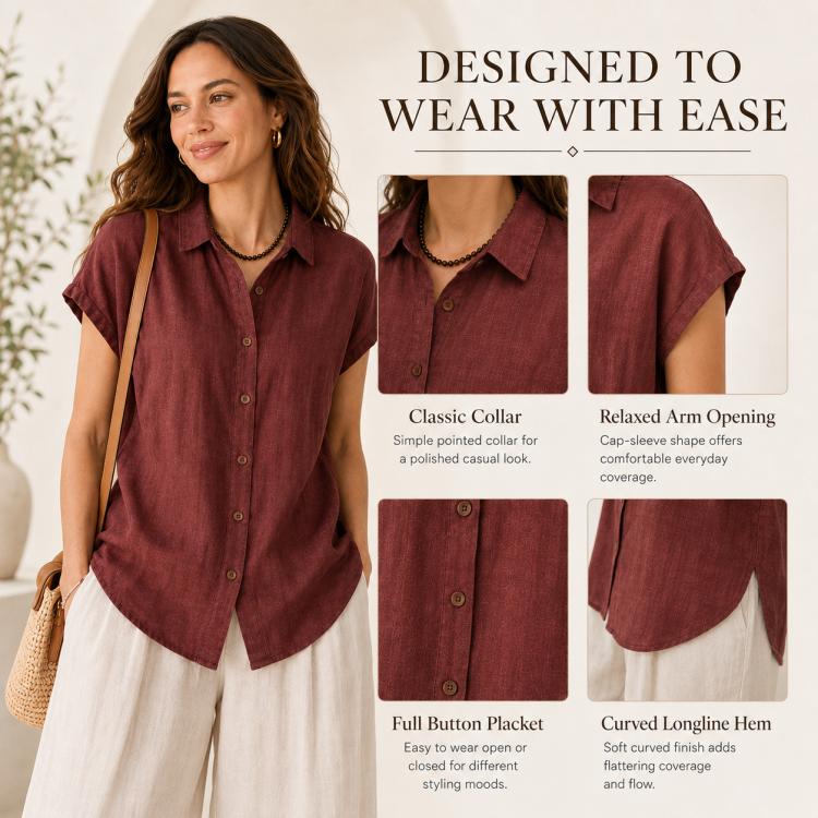 Burgundy women’s short-sleeve button-up shirt with classic collar and curved hem.