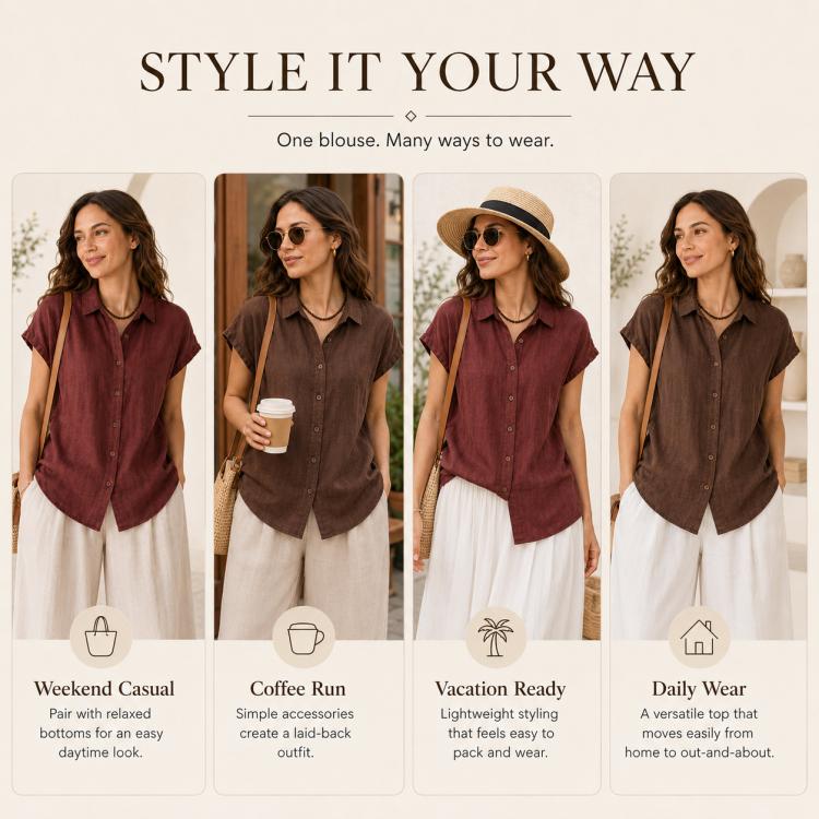 Women’s short-sleeve button-up shirt in burgundy, worn with casual outfits.