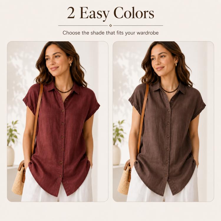 Women’s short-sleeve button-up shirt shown in burgundy and dark brown.