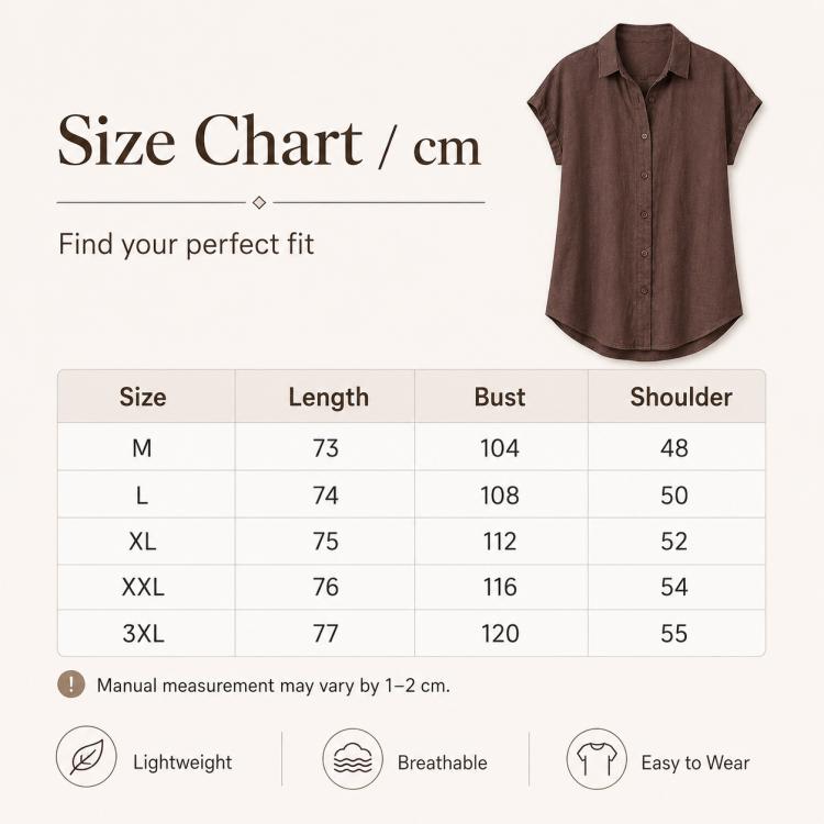 Women’s short-sleeve button-up shirt, dark brown, with classic collar and button placket.