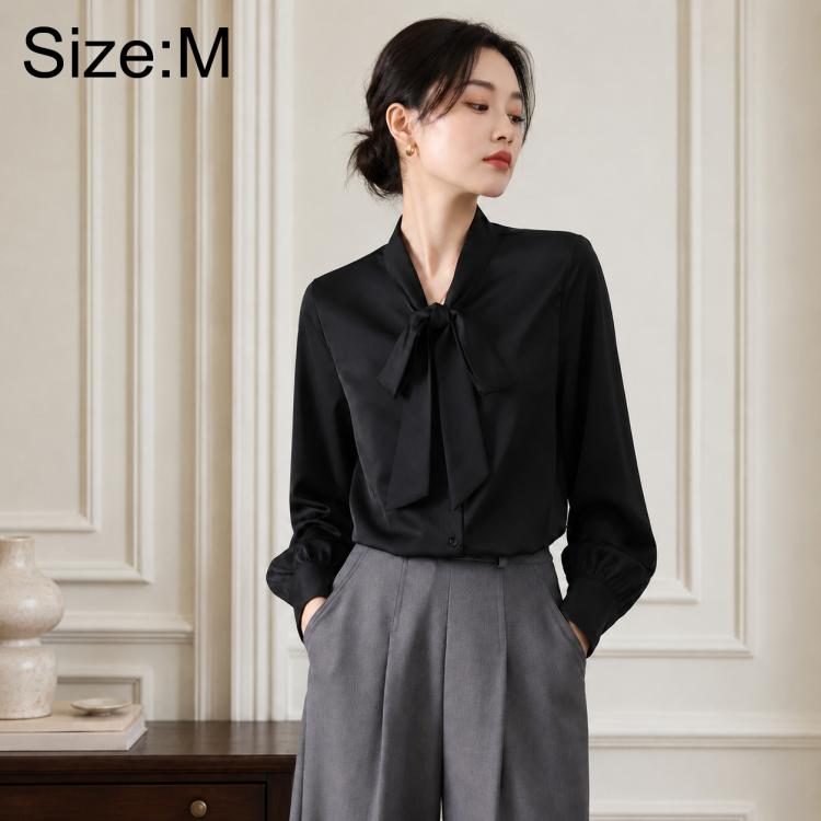 Women's blouse, black, bow tie neck, long sleeves, size M