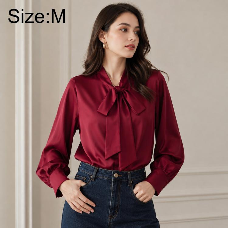 Women's blouse, wine red, bow tie neck, long sleeves, size M