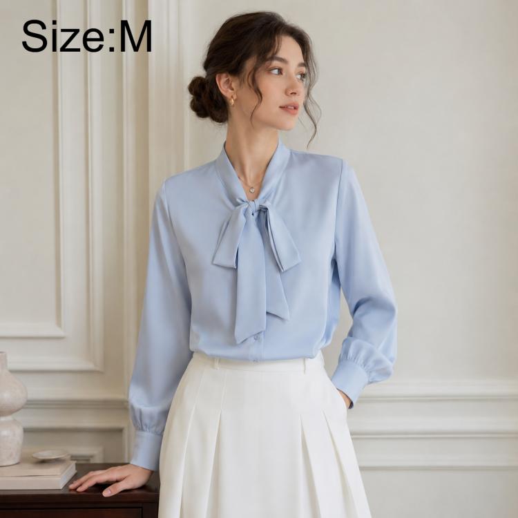 Women's blouse, light blue, bow tie neck, long sleeves, size M