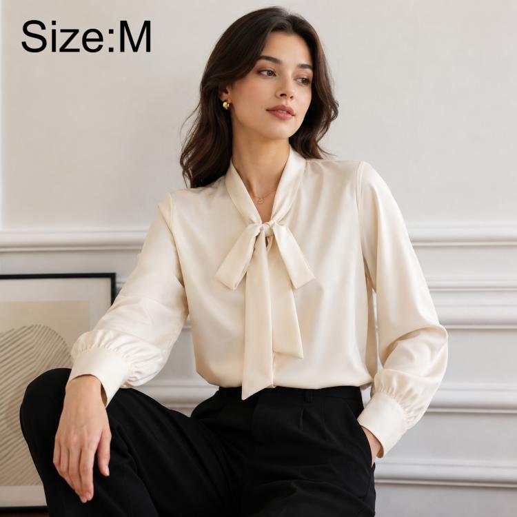 Women's blouse, beige, bow tie neck, long sleeves, size M