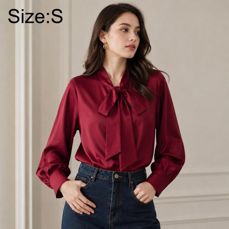 Women's blouse, wine red, bow tie neck, long sleeves, size S