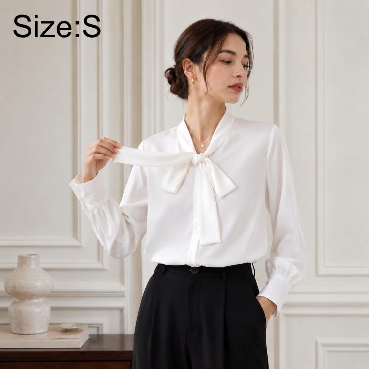 Women's blouse, white, bow tie neck, long sleeves, size S