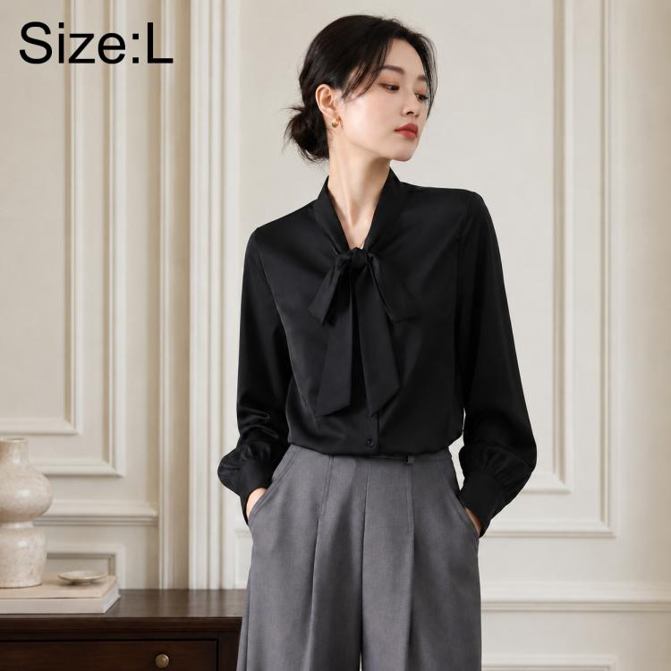 Women's bow tie neck blouse, long-sleeve, size L, black