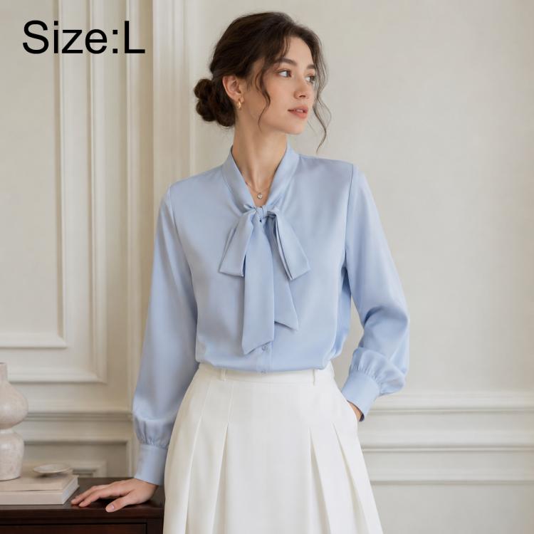 Women's bow tie neck blouse, long-sleeve, size L, light blue