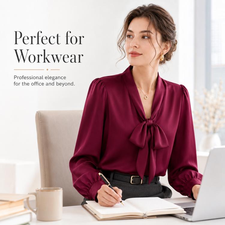 Wine red tie-neck blouse with long sleeves and bow neckline, women’s office shirt