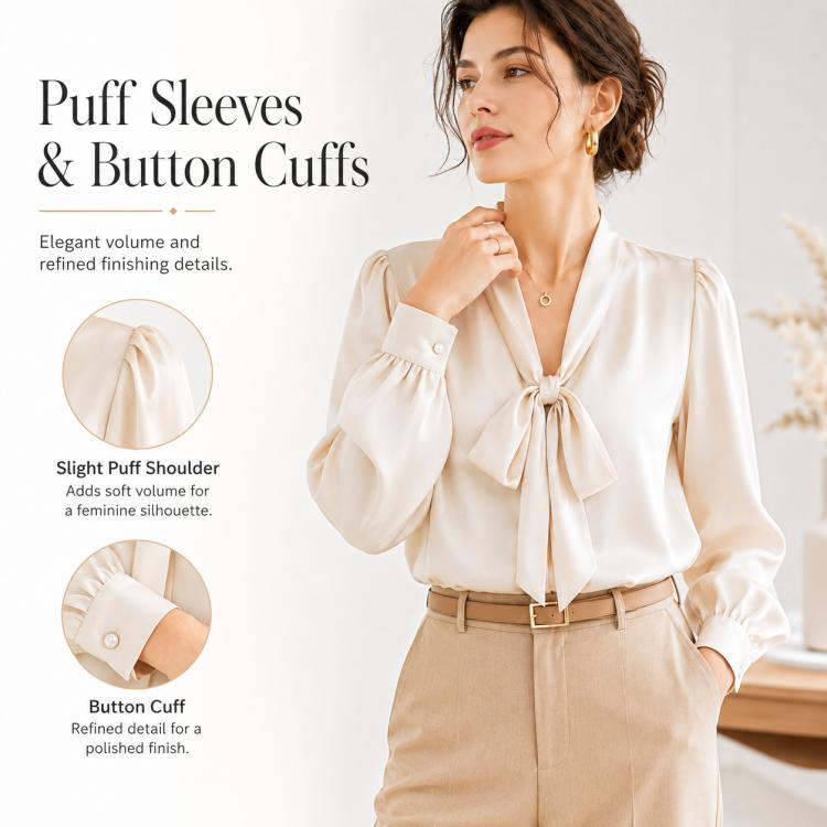 Ivory tie-neck blouse with puff sleeves and button cuffs, bow at the neckline