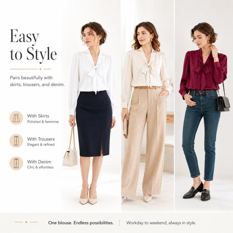 Women’s tie-neck blouse styled for office with skirts and trousers, long sleeves