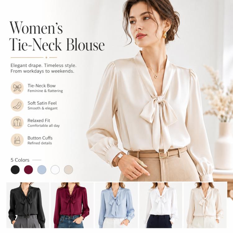 White women’s tie-neck blouse with bow neckline, long sleeves, and button cuffs
