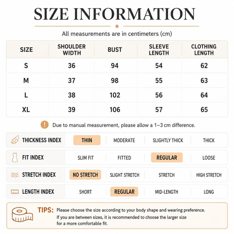 Size chart table with shoulder, bust, sleeve length, and clothing length for S–XL