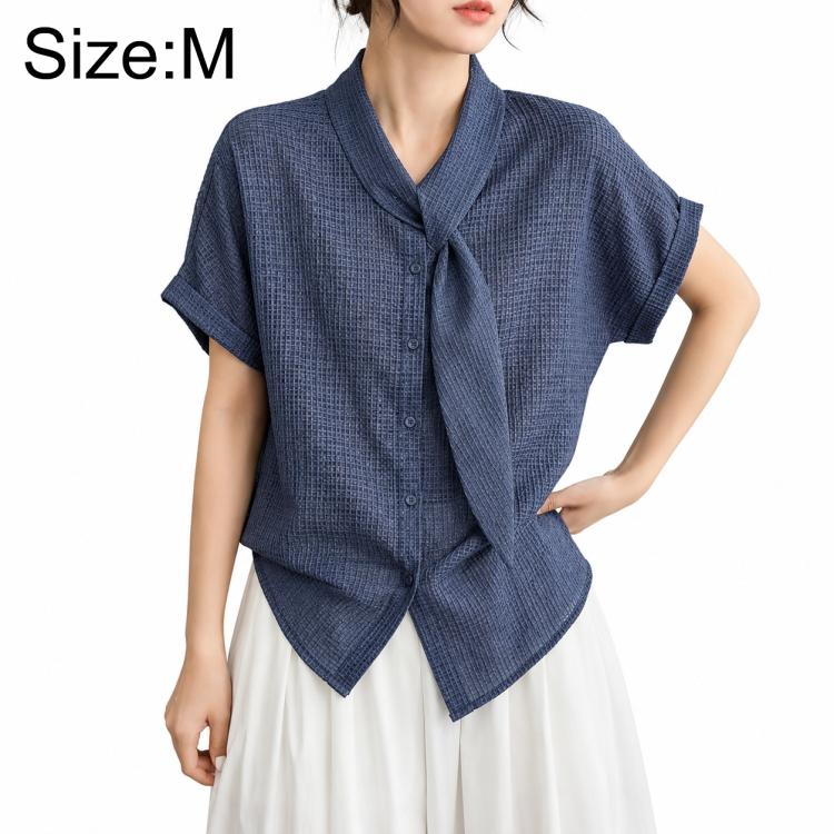 Women’s tie-neck button-front short-sleeve blouse in textured dark blue, with asymmetrical hem.