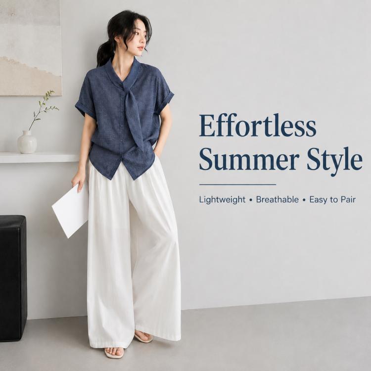 Women’s tie-neck button-front short-sleeve blouse in textured dark blue, worn with casual pants.