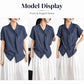 Women’s tie-neck button-front blouse in textured dark blue, shown from front and angled views.