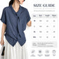 Women’s tie-neck button-front blouse, textured dark blue, model wearing size M.