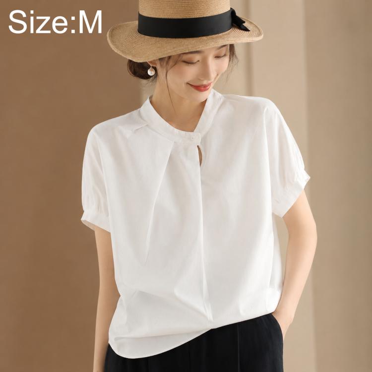 Women’s overlap collar short-sleeve shirt, white, button front placket