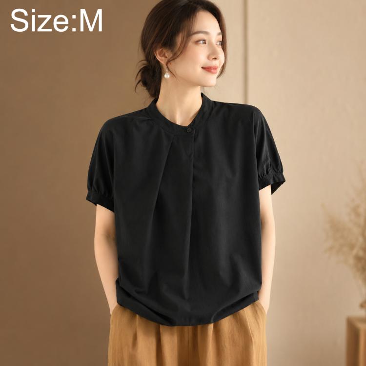 Women’s overlap collar short-sleeve shirt, black, button front placket