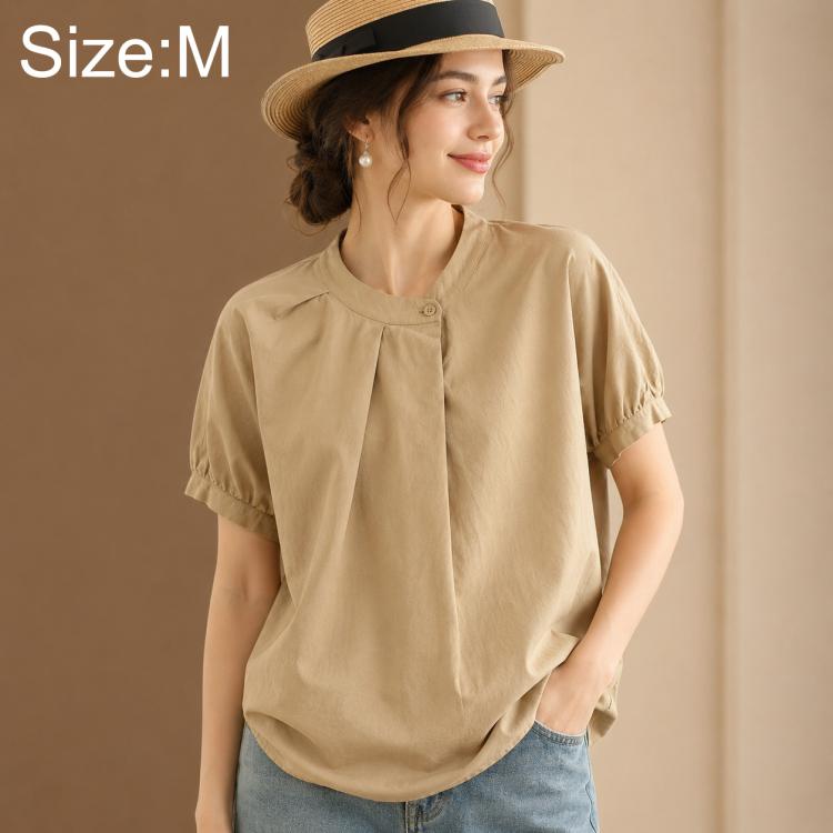 Women’s overlap collar short-sleeve shirt, khaki, gathered neckline and button