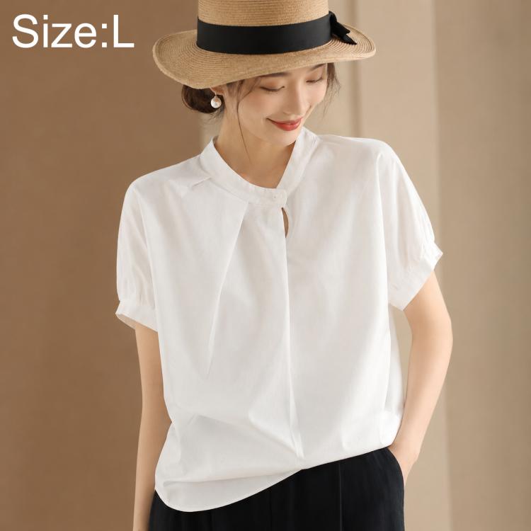 Women’s overlap collar short-sleeve shirt, white, front overlap with button