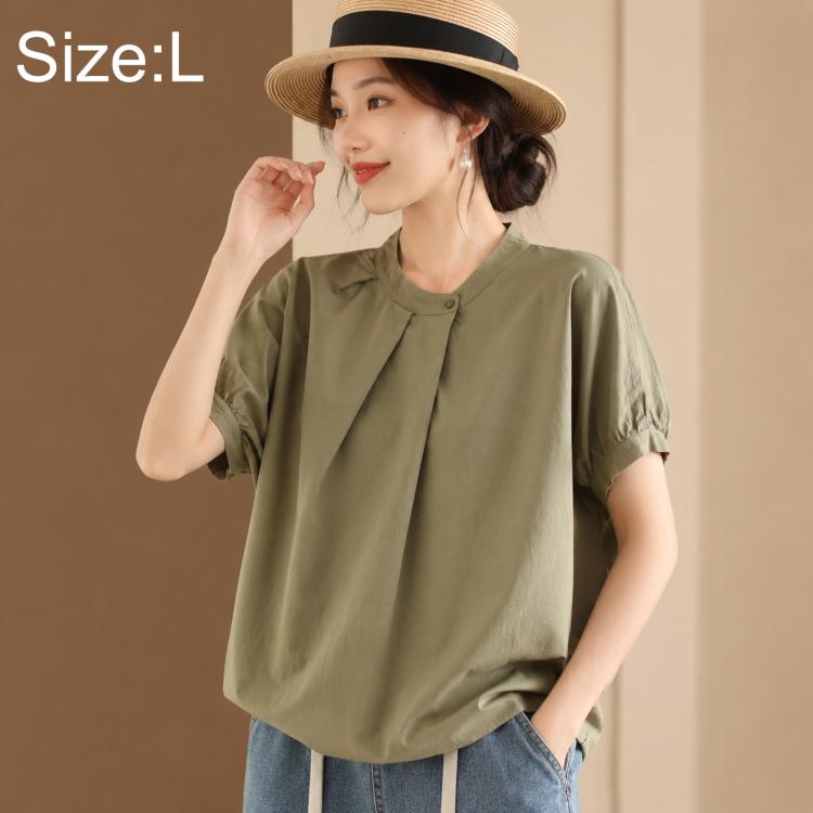 Olive green women’s short-sleeve blouse with stand collar and gathered yoke