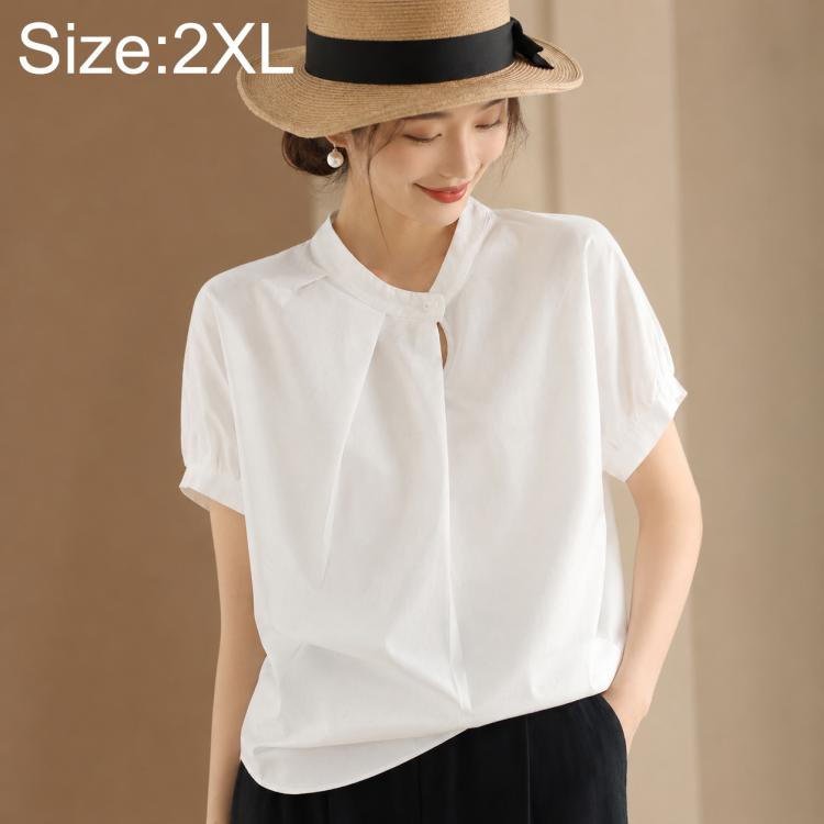 Women’s overlap collar short-sleeve shirt, white, buttoned overlap collar placket
