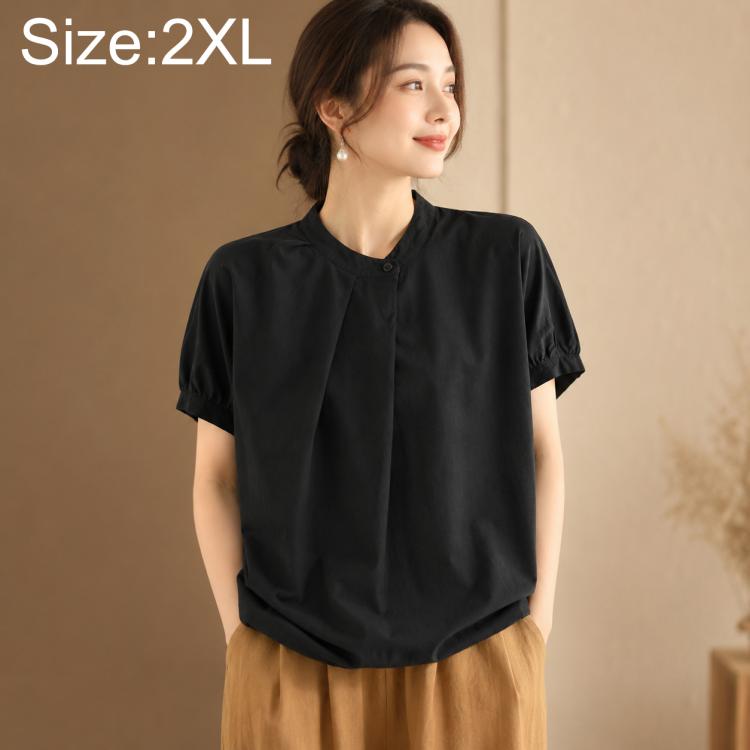 Women’s overlap collar short-sleeve shirt, black, buttoned overlap collar placket