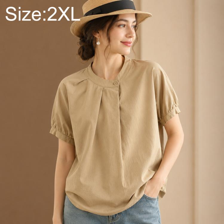 Tan women’s short-sleeve shirt with stand collar and centered button placket