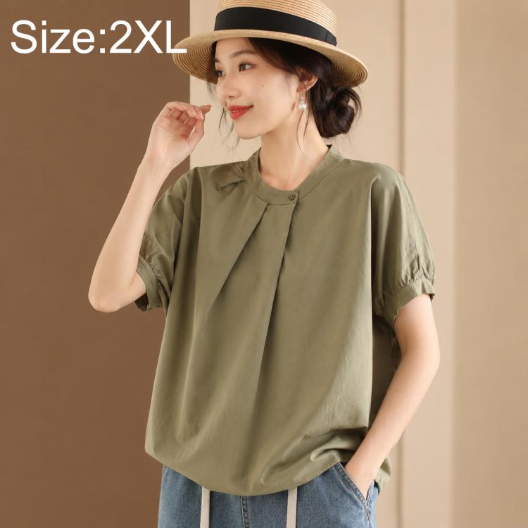 Olive green women’s short-sleeve blouse with stand collar and button placket