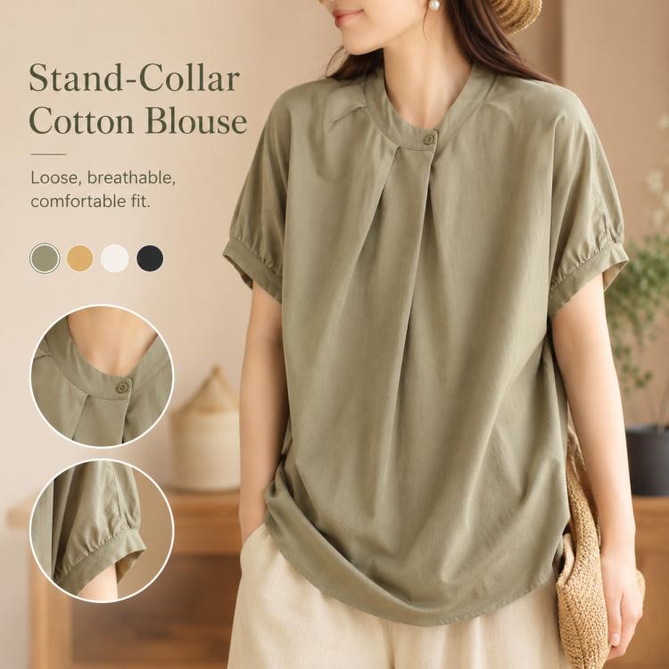 Olive green women’s stand-collar short-sleeve blouse with button front