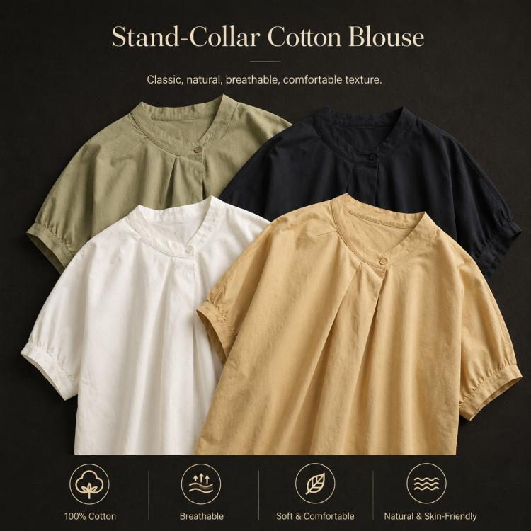 Assorted short-sleeve stand-collar blouses in white, black, khaki, and green